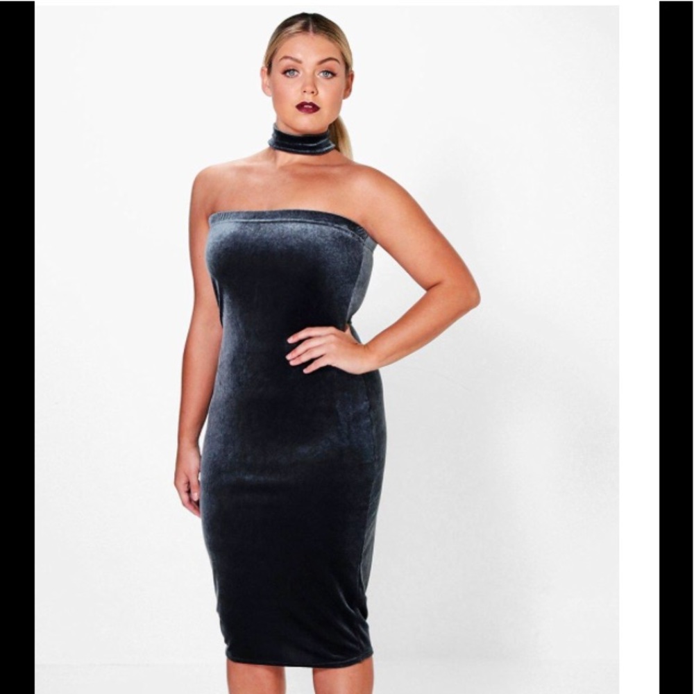 Grey velvet strapless dress